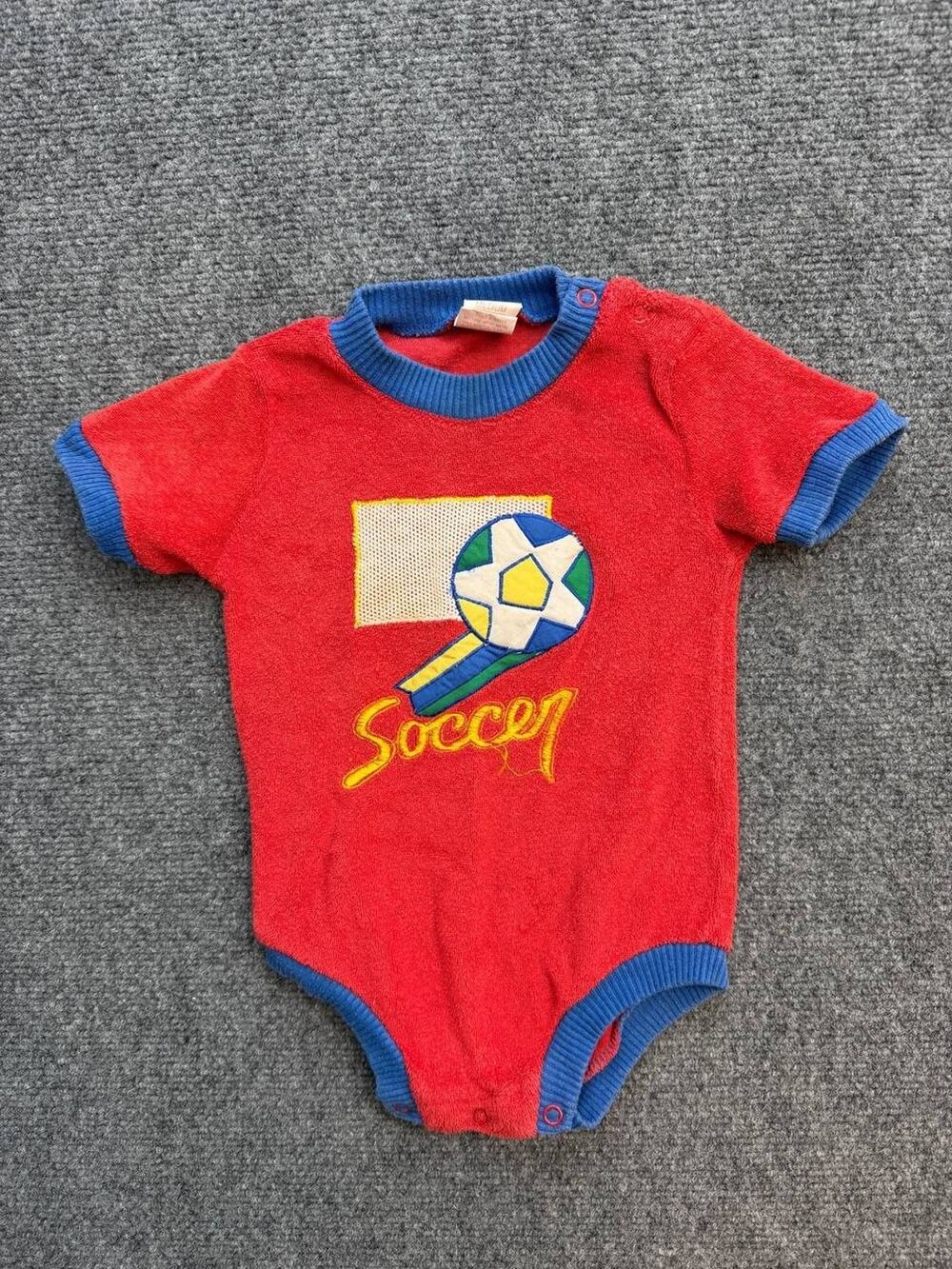 Vintage Sears Infant Soccer Terry Cloth Romper Red Blue 3-6M Made in Taiwan